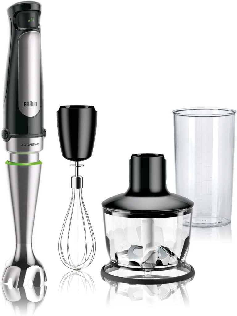 Braun MultiQuick 7 3-in-1 Immersion Hand Blender with Variable Speed and Patented Technology - Includes 2-cup Chopper, Whisk + Beaker for Fast Blending, Stainless Steel, MQ7035X