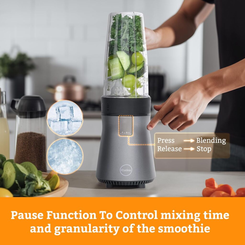 iCucina Blenders for Shakes and Smoothies, 300W, 2 * 28 oz To-Go Portable Cups with Lids, Personal Blender, Easy to Clean, for Kitchen, Juices, Baby Food, Food Processor